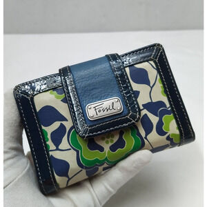 Fossil Multicolor Canvas Leather Trim Credit Card ID Window Bifold Wallet